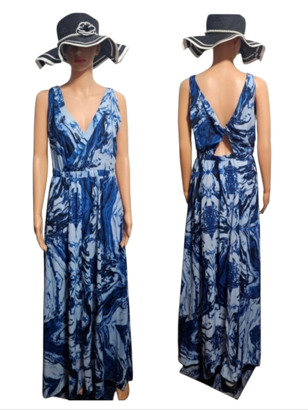 RED by Saks Fifth Avenue Blue Marble Surplice Resortwear Maxi Dress Sz S